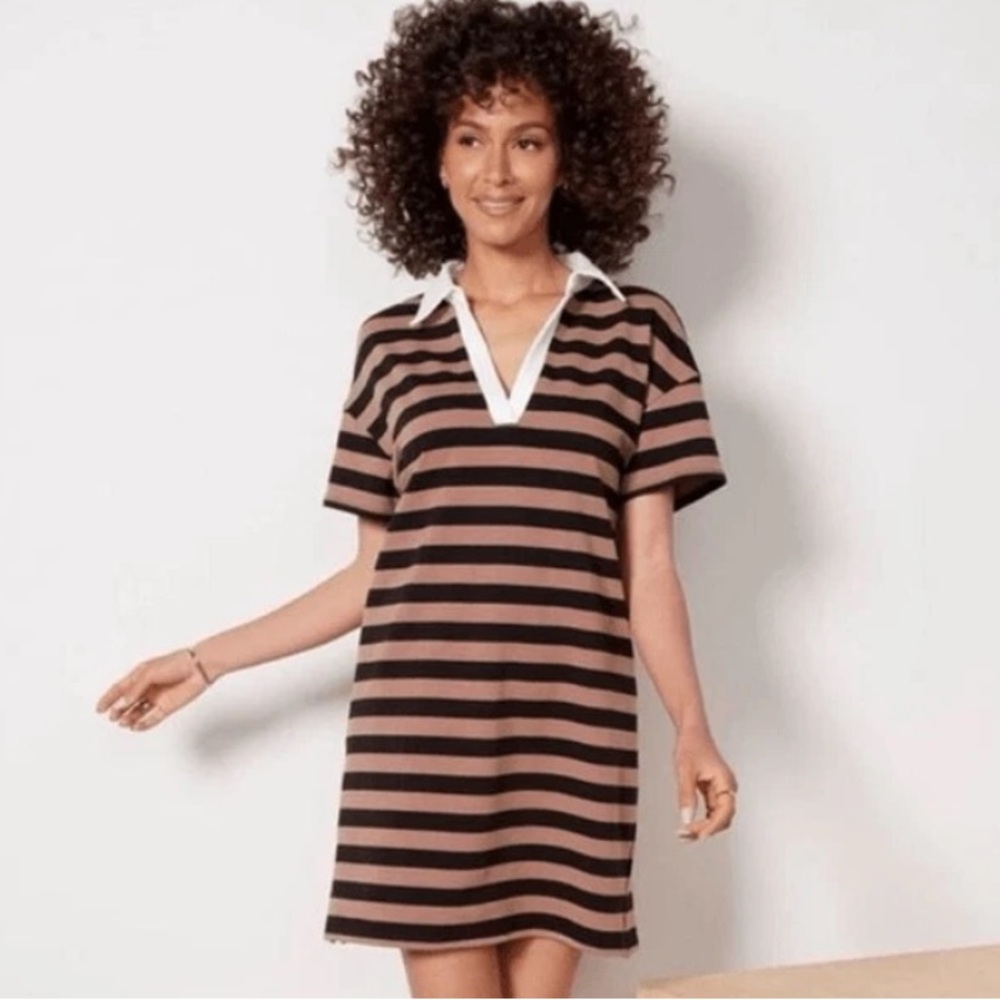 Evereve Nova Black and Tan Striped Rugby Dress Large